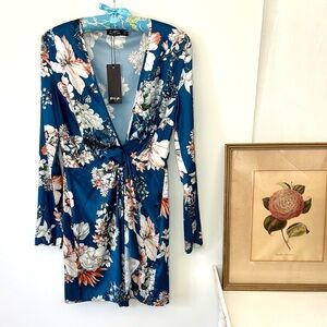 Nasty Gal Twist Front Long Sleeve Mini Dress in Navy Floral Satin Sz 6